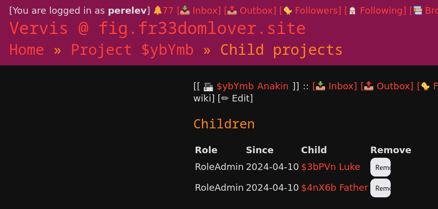 A project's children list, listing 2 children